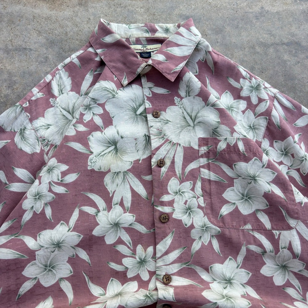 Vintage 90s Tommy Bahama Silk Floral Hibiscus Shirt Mauve Large (k4)